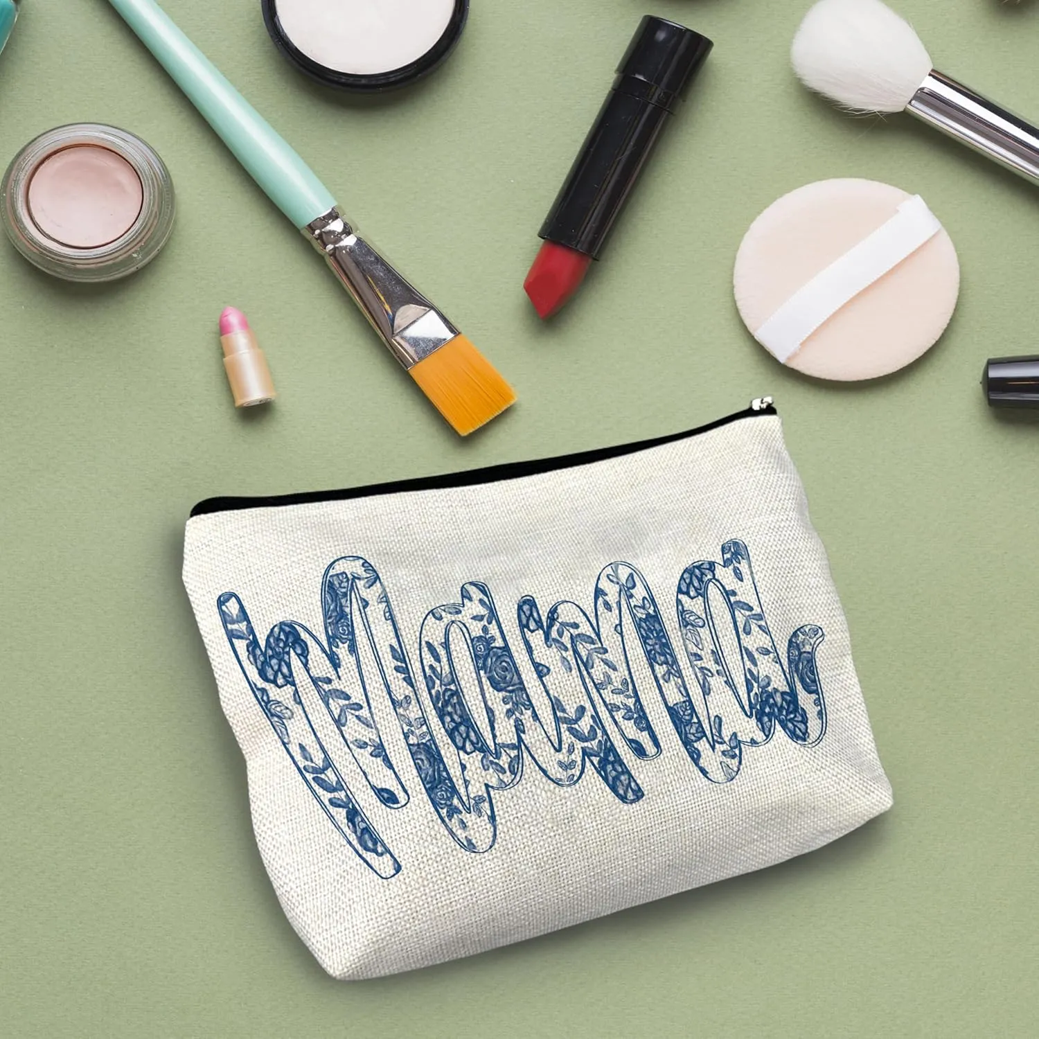 NATSUNO Blue Floral Mama Makeup Bag - Gifts for Mom, Mother's Day, Small Makeup Bag Pouch for Purse