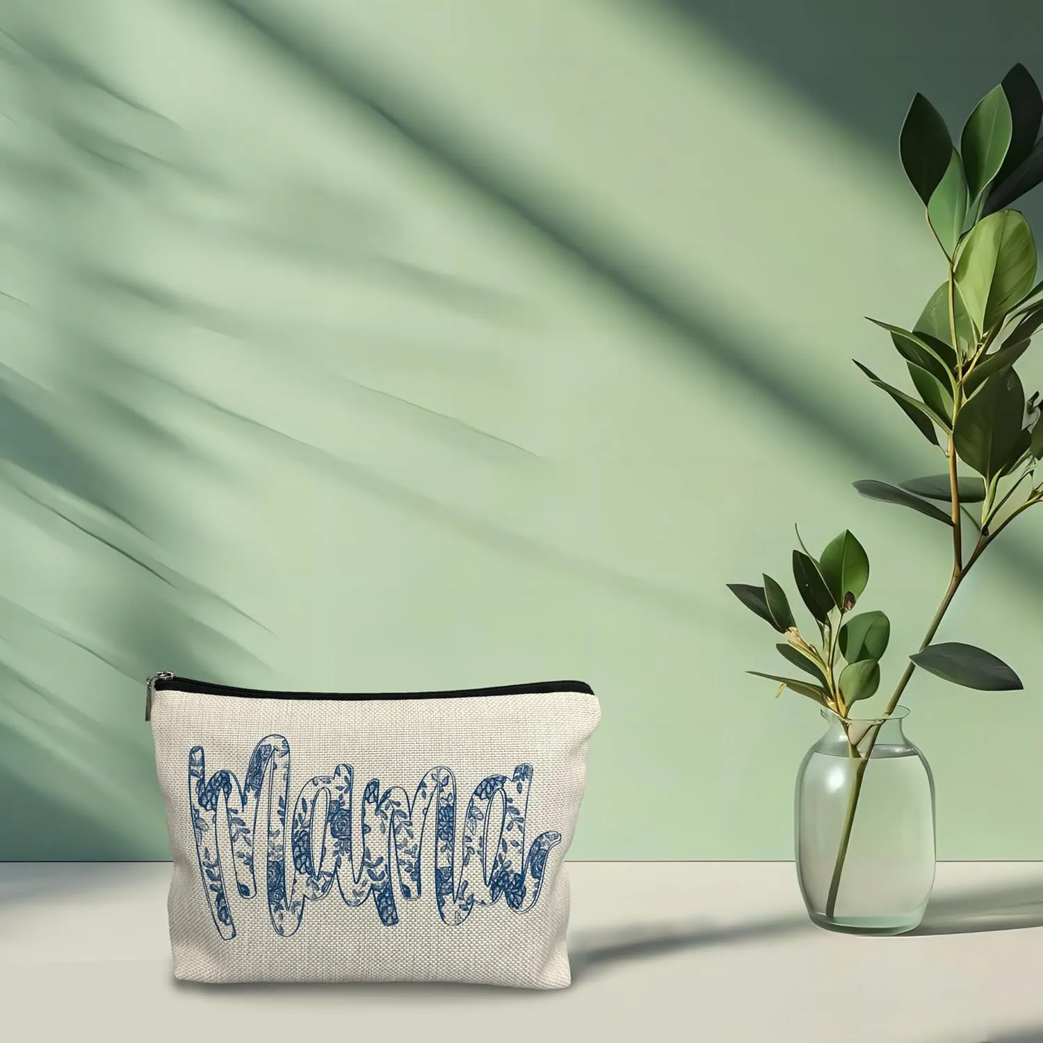 NATSUNO Blue Floral Mama Makeup Bag - Gifts for Mom, Mother's Day, Small Makeup Bag Pouch for Purse