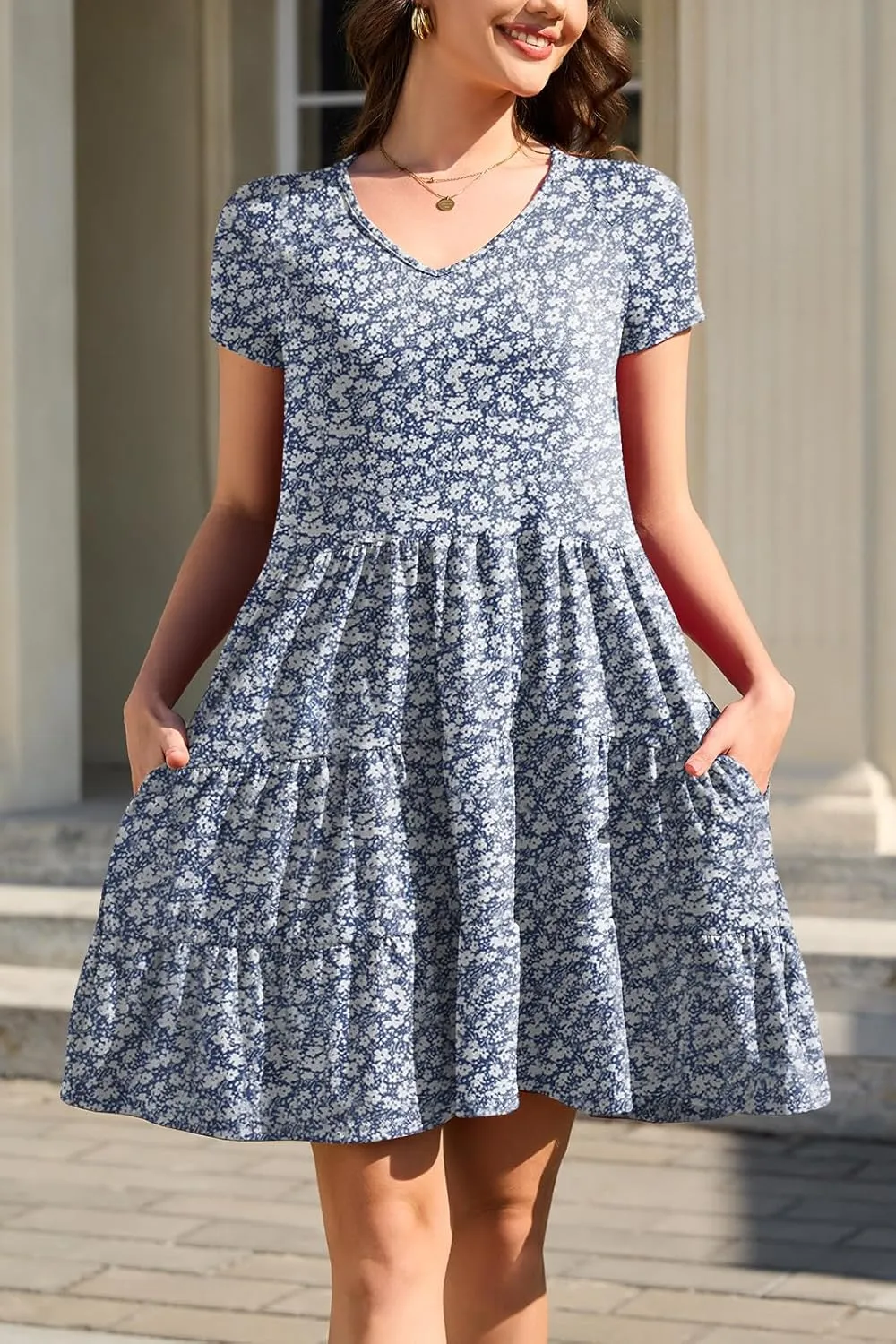 nclook Womens Summer Casual Dress Sweet Cute V Neck Mini Dress with Pocket Short Sleeve