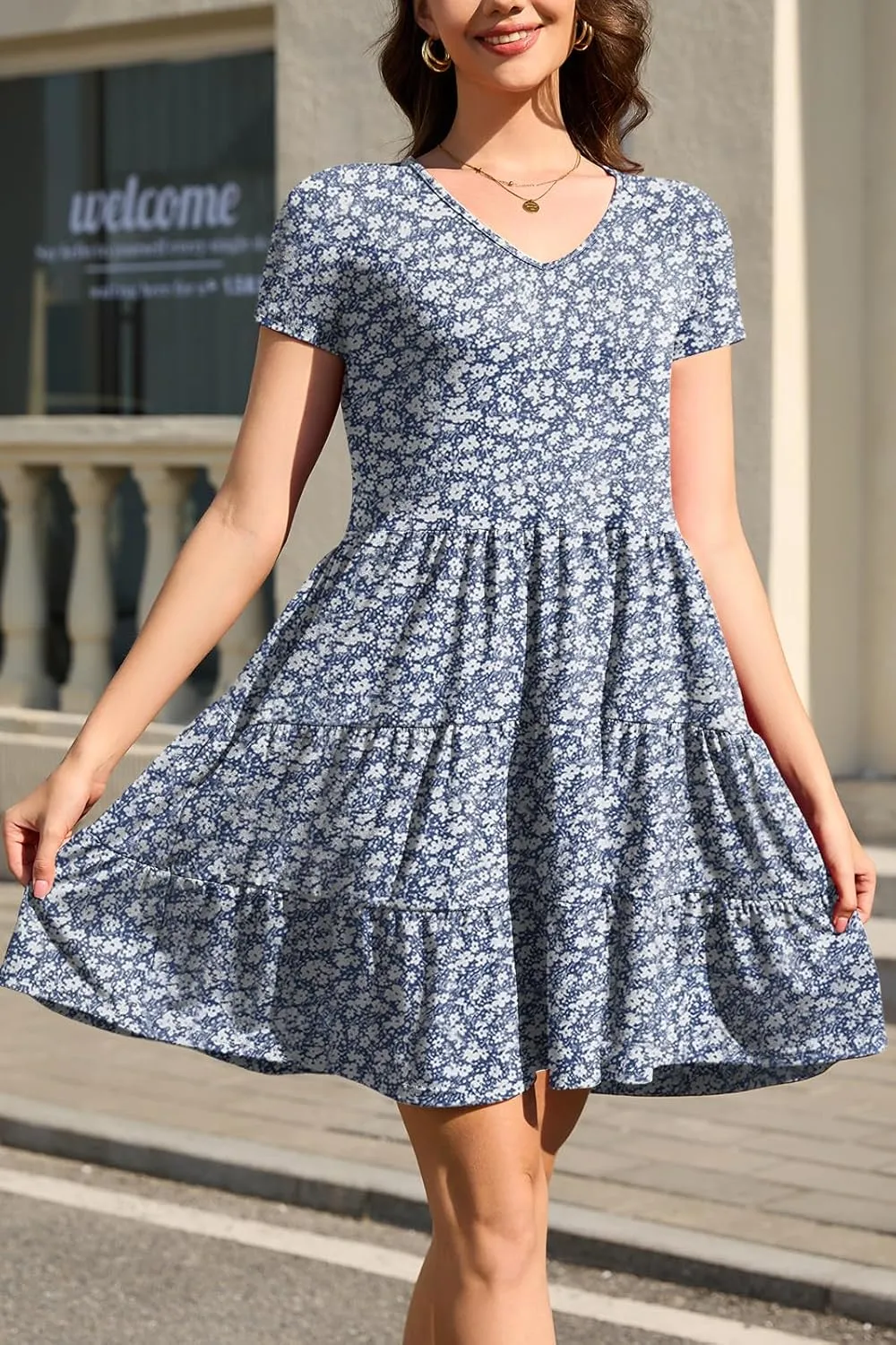 nclook Womens Summer Casual Dress Sweet Cute V Neck Mini Dress with Pocket Short Sleeve