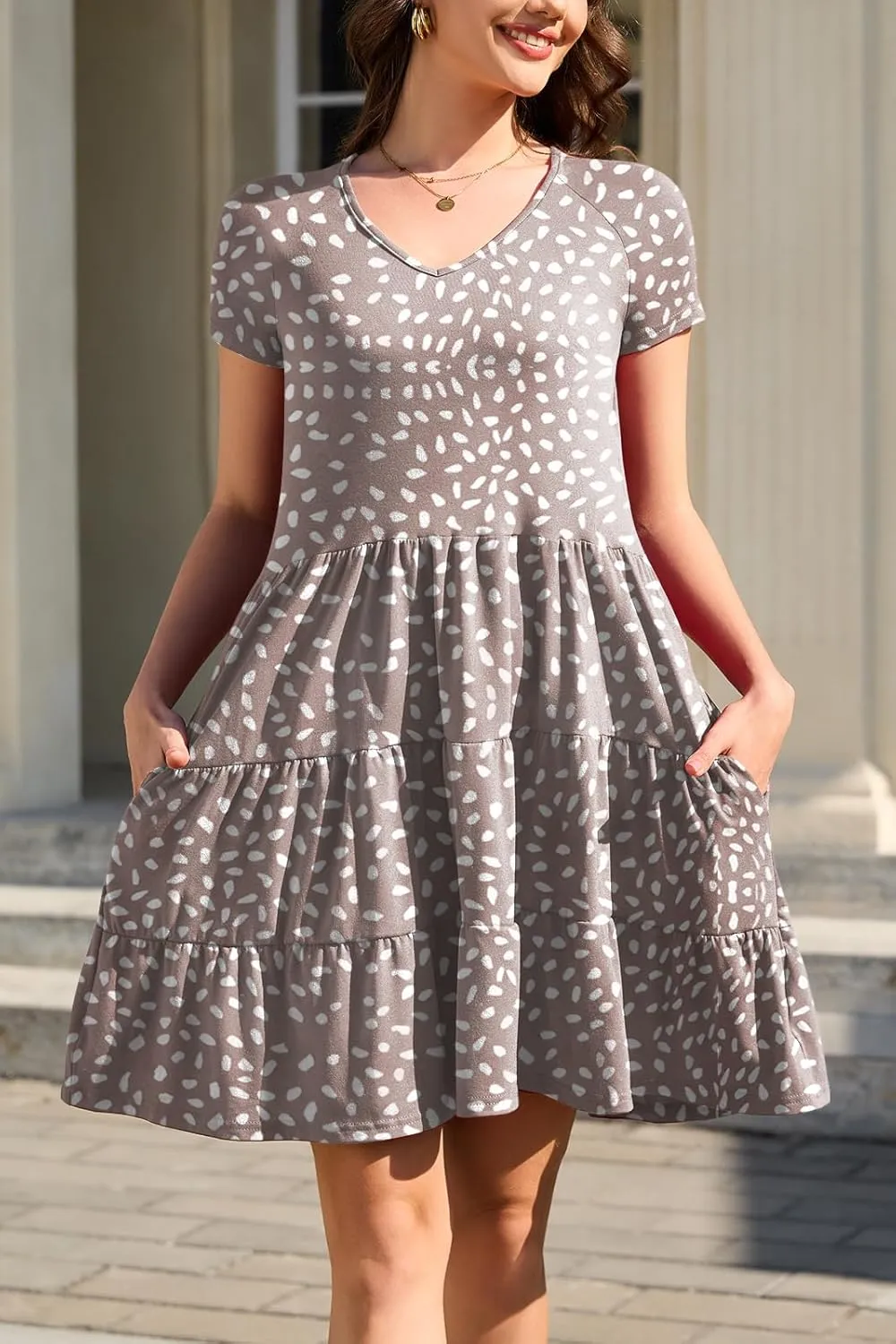 nclook Womens Summer Casual Dress Sweet Cute V Neck Mini Dress with Pocket Short Sleeve