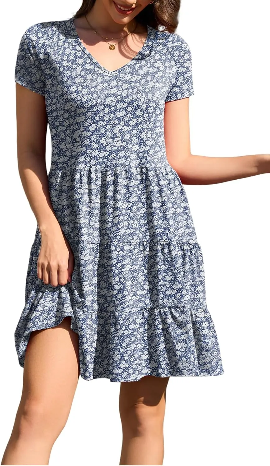 nclook Womens Summer Casual Dress Sweet Cute V Neck Mini Dress with Pocket Short Sleeve