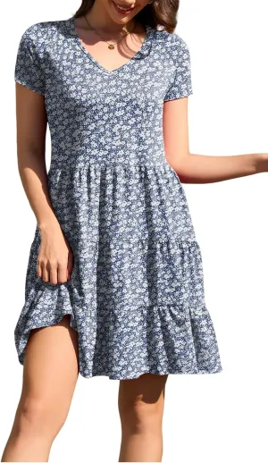 nclook Womens Summer Casual Dress Sweet Cute V Neck Mini Dress with Pocket Short Sleeve