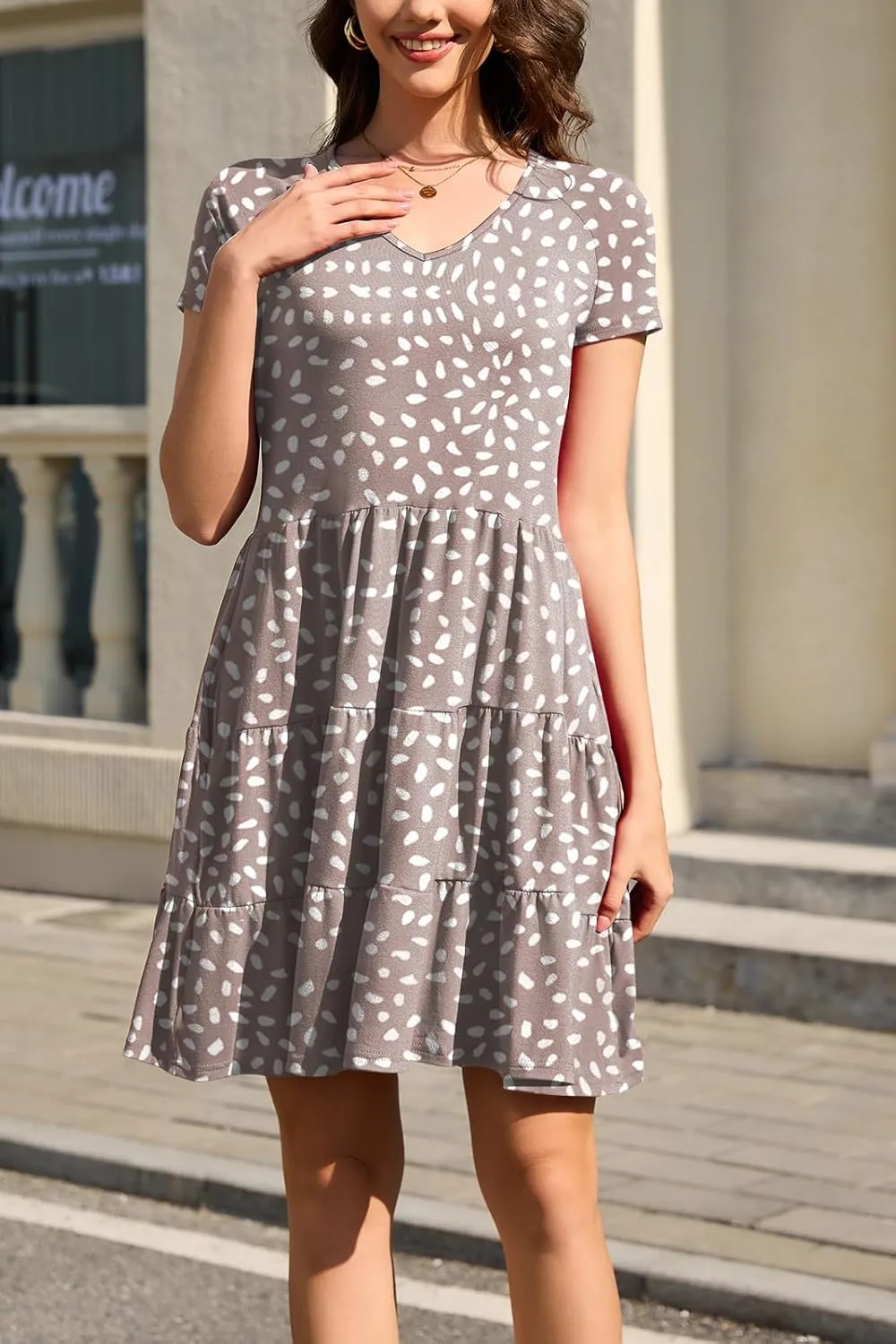 nclook Womens Summer Casual Dress Sweet Cute V Neck Mini Dress with Pocket Short Sleeve