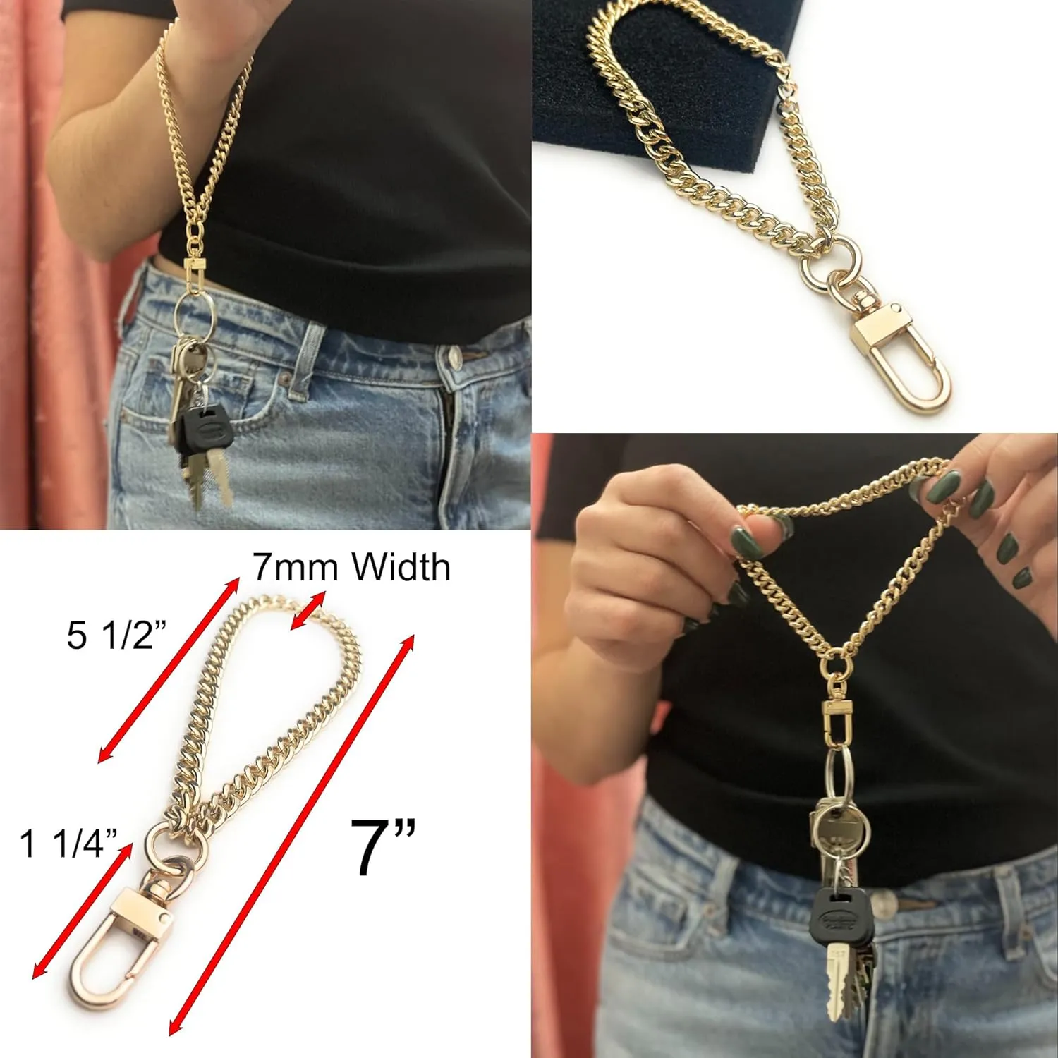 NEXT FASHION Wristlet Chain Mini Curb (7mm) Wristlet Strap for Wallet Clutch Purse