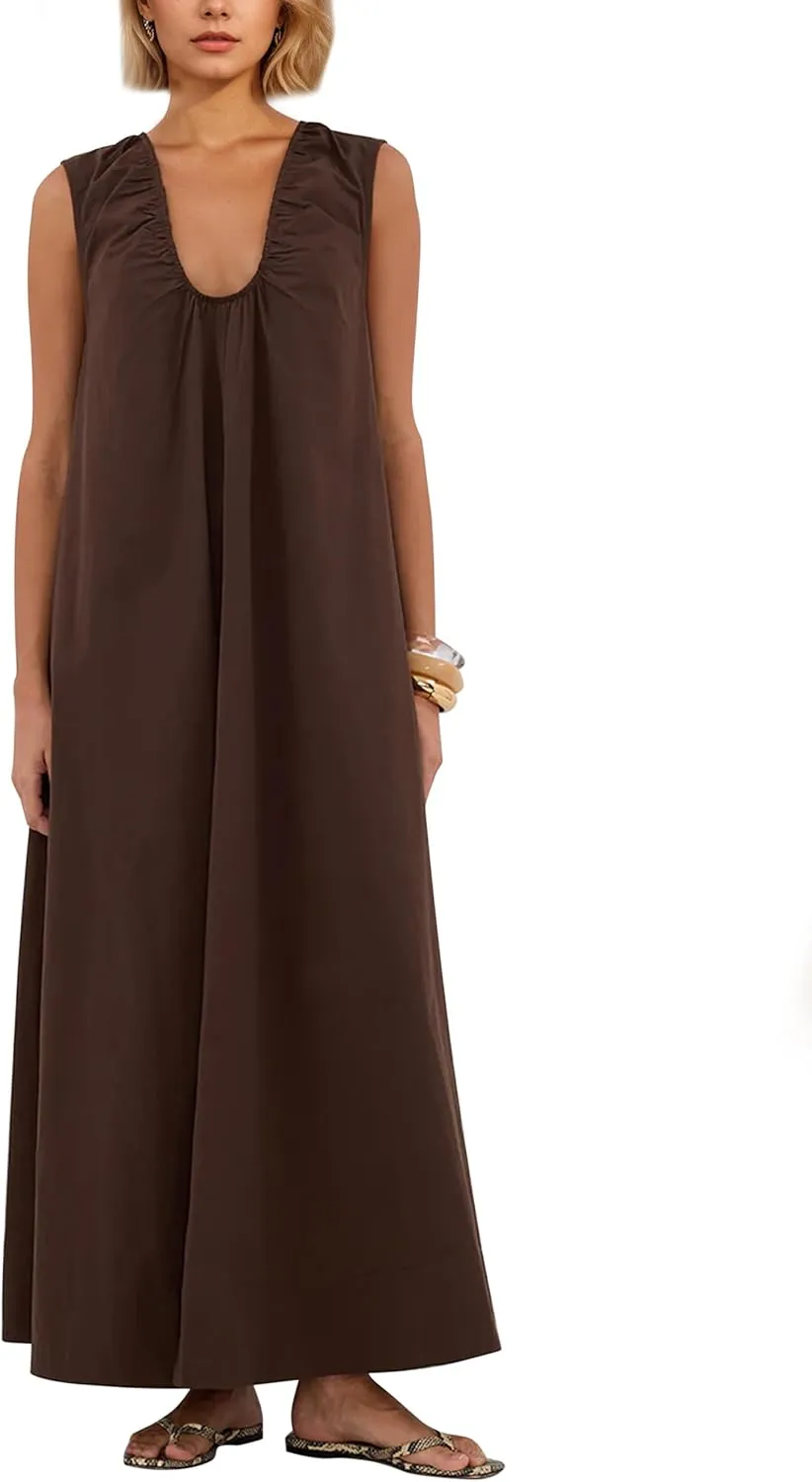 OLAPTA Women Summer Sleeveless Maxi Dress Scoop Neck Ruched Loose Fit Casual Elegant Solid Vacation Long Dress with Pockets