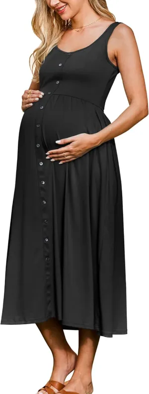 OUGES Womens Maternity Dress Scoop Neck Casual Sleeveless Button Down Pregnancy Clothes Midi Sundress with Pockets 2025