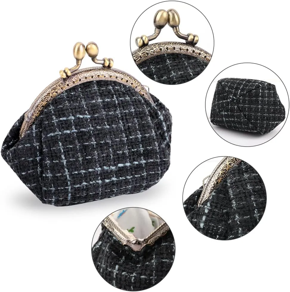 Oyachic Tartan Coin Purse Vintage Kiss Lock Change Pouch Wallet Small Embroidery Money Cosmetic Bag Car Coin Holder for Women Ladies