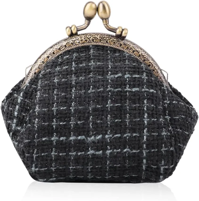 Oyachic Tartan Coin Purse Vintage Kiss Lock Change Pouch Wallet Small Embroidery Money Cosmetic Bag Car Coin Holder for Women Ladies