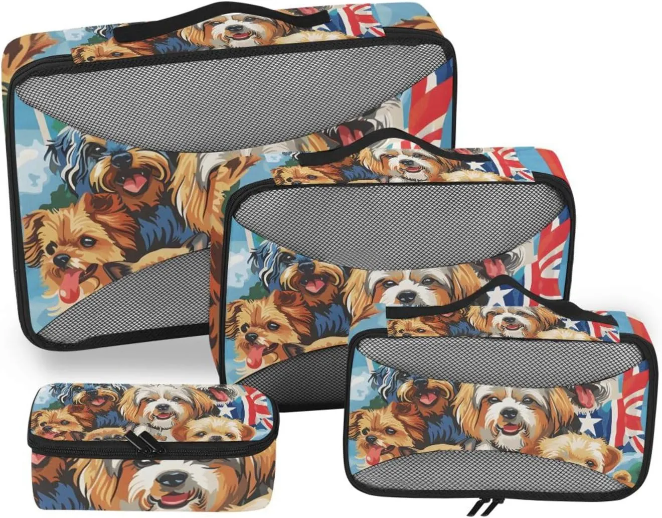 Packing Cubes for Travel 4 Set Dog America Flag Luggage Set Suitcase Organizer Bags Mesh Accessories Storage Pouch Toiletry Packing Cubes