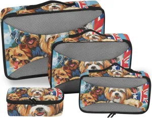 Packing Cubes for Travel 4 Set Dog America Flag Luggage Set Suitcase Organizer Bags Mesh Accessories Storage Pouch Toiletry Packing Cubes