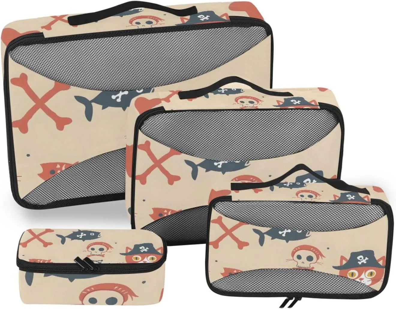 Packing Cubes for Travel 4 Set Pirate Cat Skeleton Luggage Set Suitcase Organizer Bags Mesh Accessories Storage Pouch Toiletry Packing Cubes