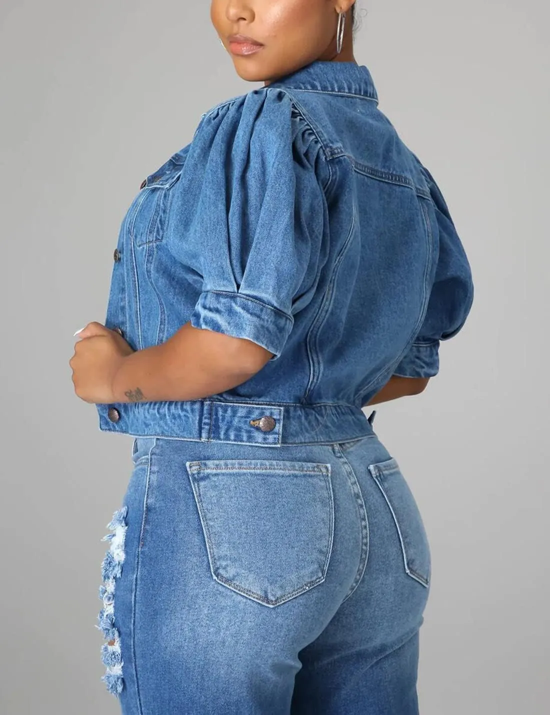 PAODIKUAI Women's Casual Puff Sleeve Frayed Slim Cropped Denim Jean Jacket