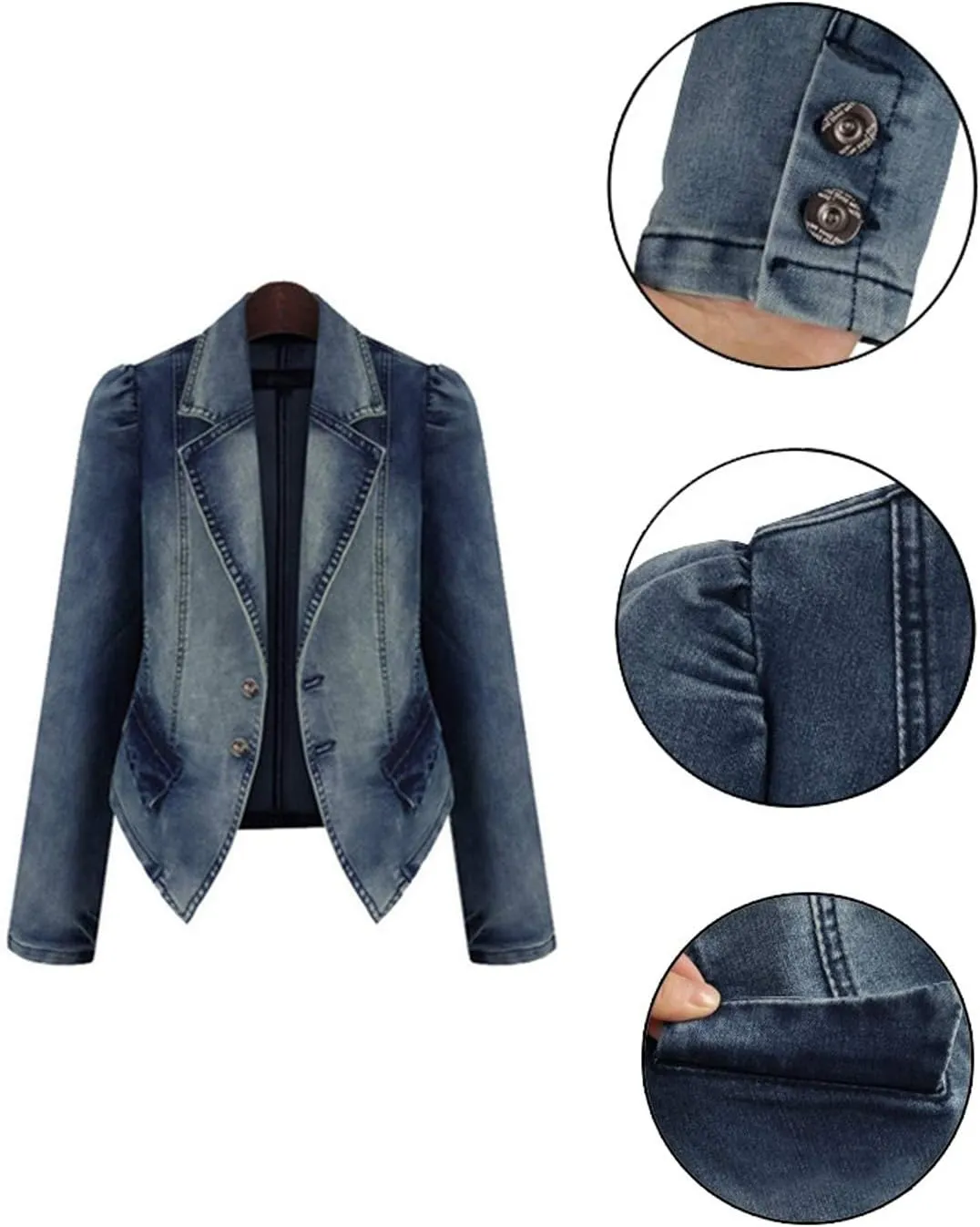 PAODIKUAI Women's Casual Puff Sleeve Frayed Slim Cropped Denim Jean Jacket