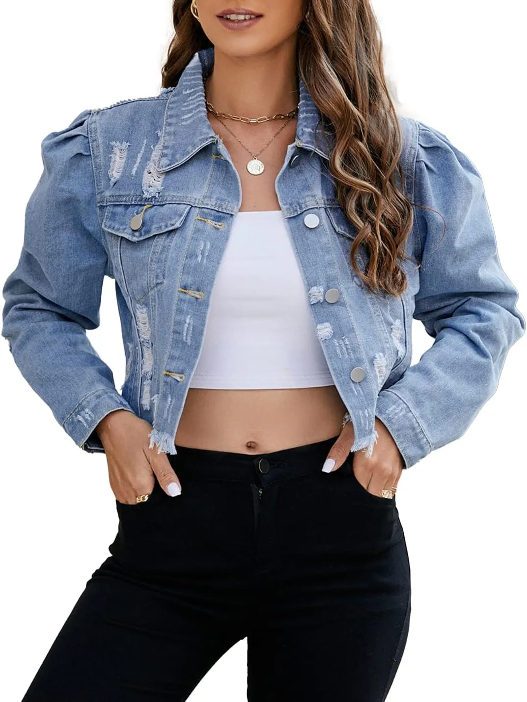PAODIKUAI Women's Casual Puff Sleeve Frayed Slim Cropped Denim Jean Jacket