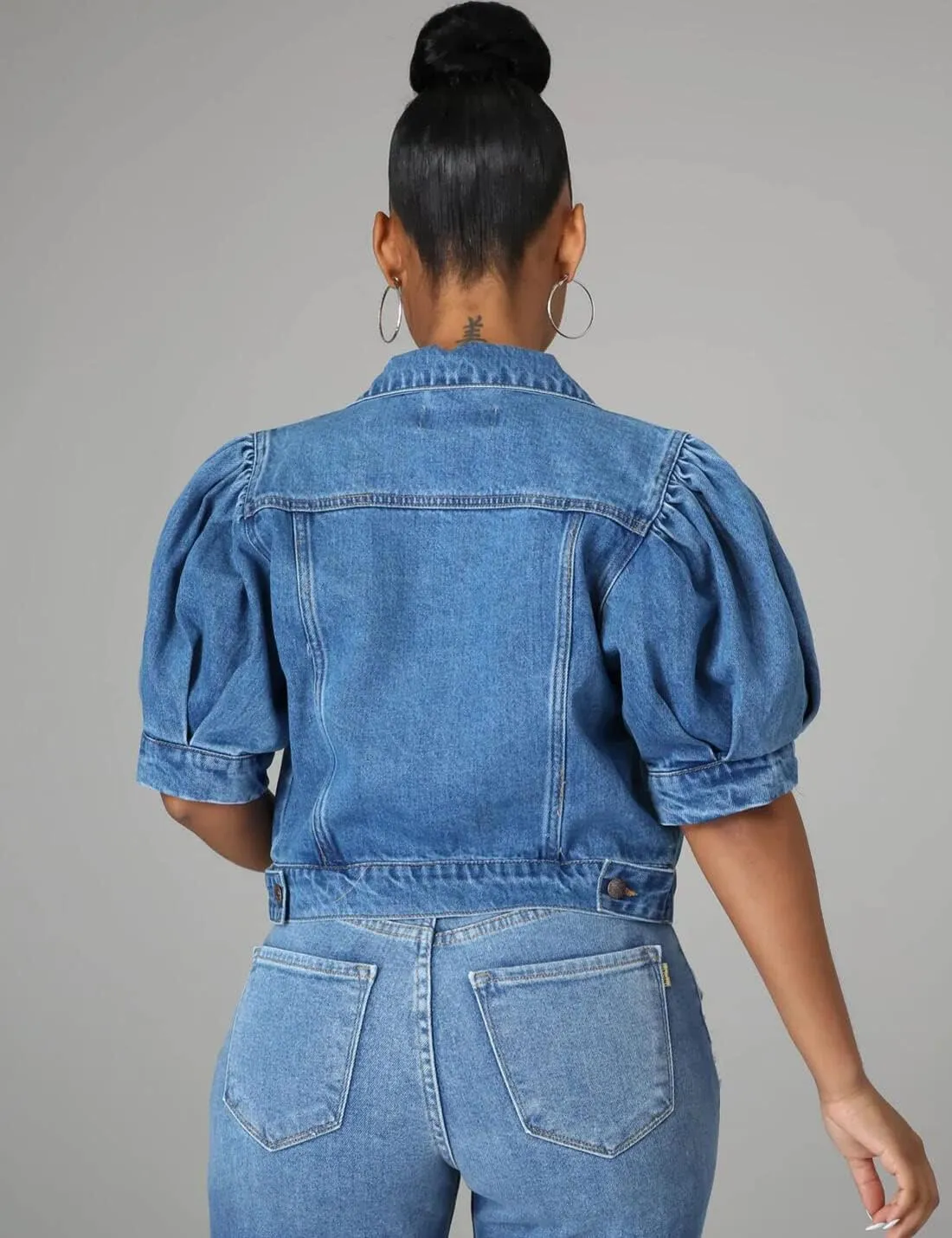PAODIKUAI Women's Casual Puff Sleeve Frayed Slim Cropped Denim Jean Jacket