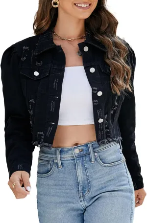 PAODIKUAI Women's Casual Puff Sleeve Frayed Slim Cropped Denim Jean Jacket