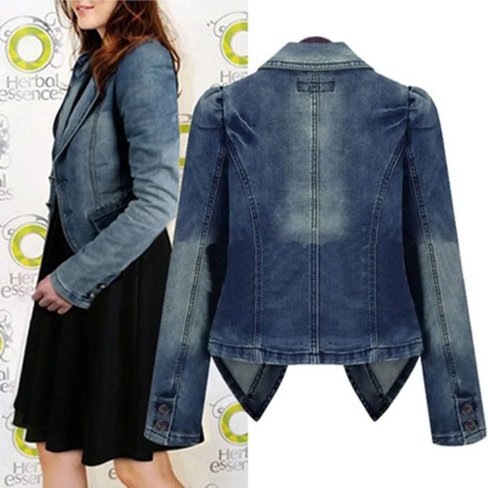PAODIKUAI Women's Casual Puff Sleeve Frayed Slim Cropped Denim Jean Jacket
