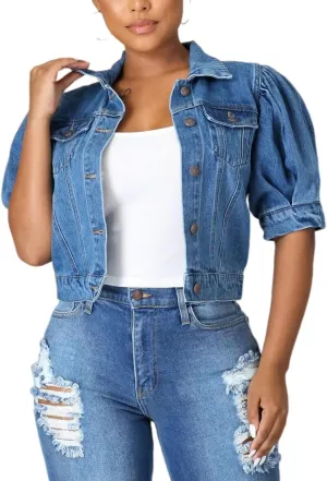 PAODIKUAI Women's Casual Puff Sleeve Frayed Slim Cropped Denim Jean Jacket