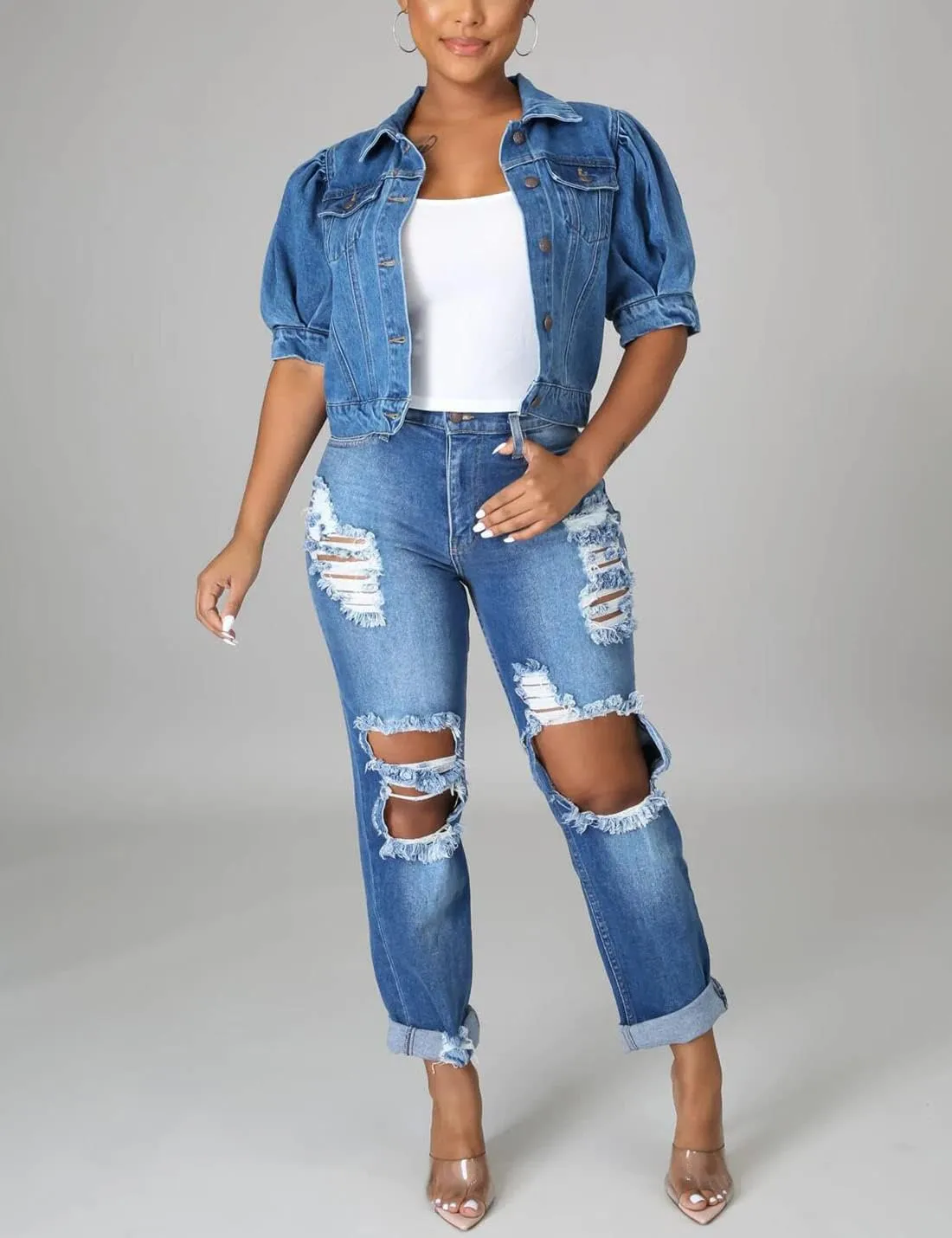 PAODIKUAI Women's Casual Puff Sleeve Frayed Slim Cropped Denim Jean Jacket