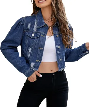 PAODIKUAI Women's Casual Puff Sleeve Frayed Slim Cropped Denim Jean Jacket
