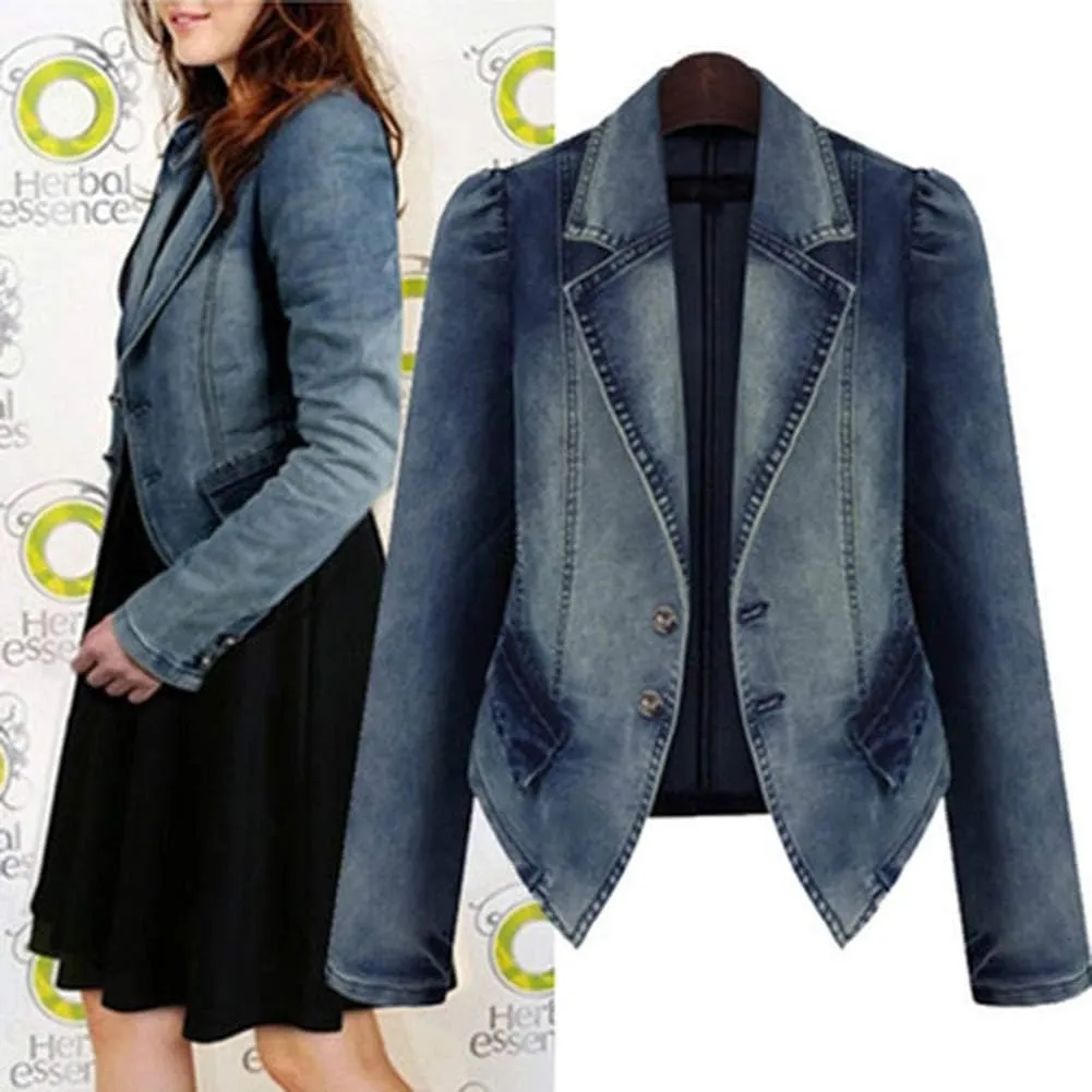 PAODIKUAI Women's Casual Puff Sleeve Frayed Slim Cropped Denim Jean Jacket
