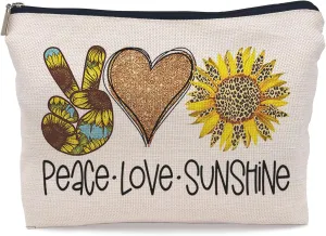 Peace Love Sunshine Makeup Bag,Sunflower Hippie Cosmetic Makeup Bag,Sunflower Lover Women Girls Gift,Summer Lover Gift