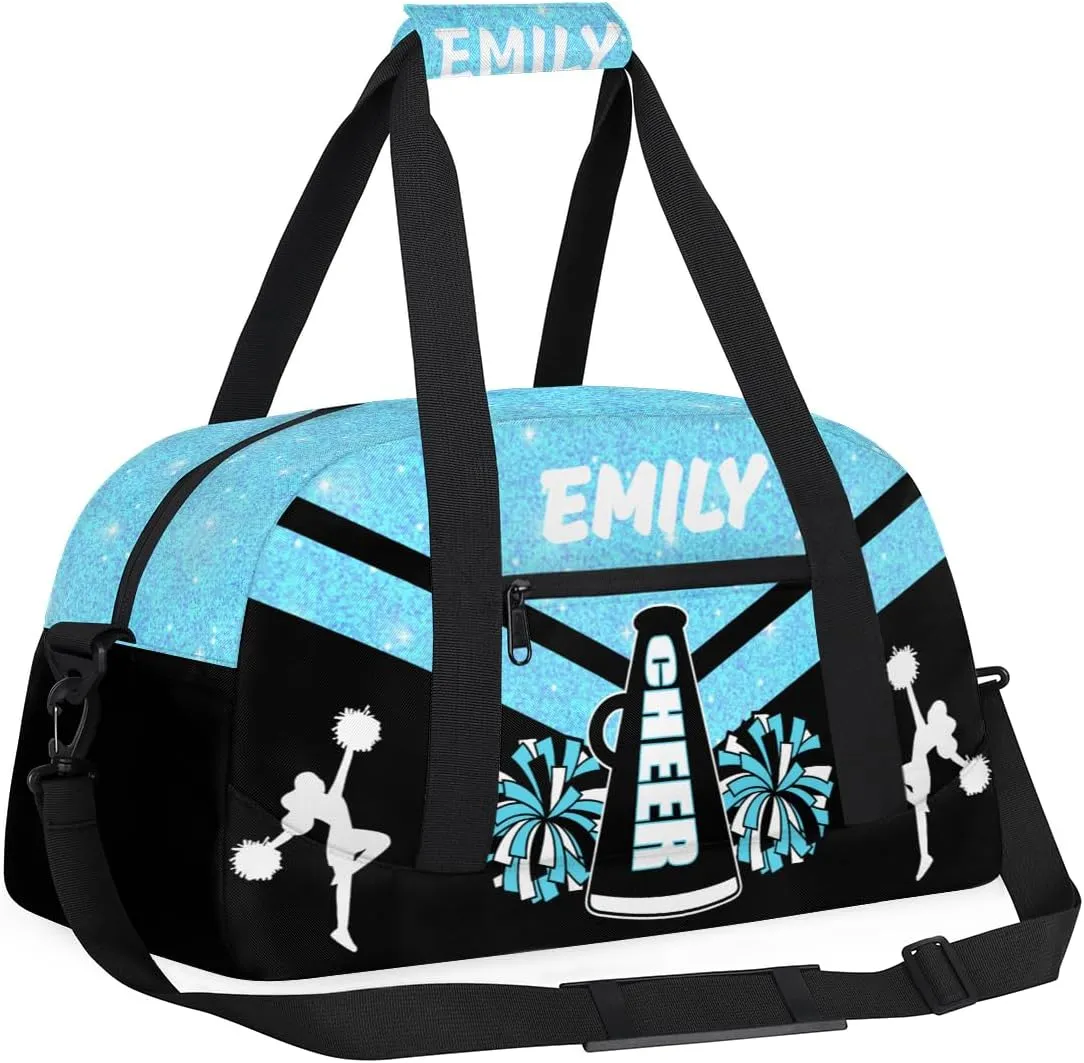 Personalize Cheer Duffel Bags with Custom Name & Text Sport Dance Gym Bags Garment Bags for Girls Kids Cheerleaders Overnight Weekender Travel Blue Glitter