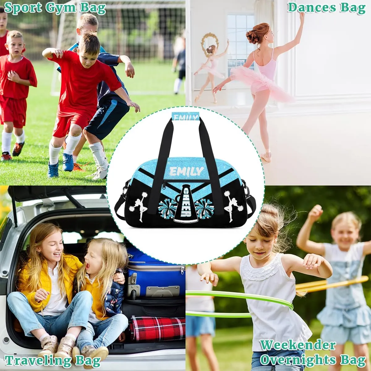 Personalize Cheer Duffel Bags with Custom Name & Text Sport Dance Gym Bags Garment Bags for Girls Kids Cheerleaders Overnight Weekender Travel Blue Glitter