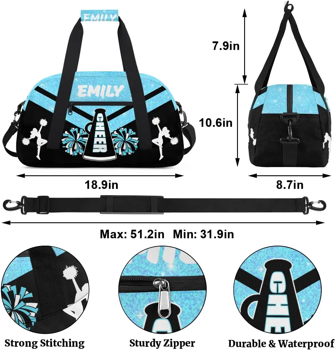 Personalize Cheer Duffel Bags with Custom Name & Text Sport Dance Gym Bags Garment Bags for Girls Kids Cheerleaders Overnight Weekender Travel Blue Glitter