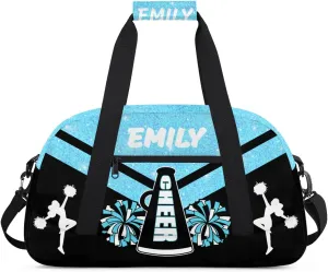 Personalize Cheer Duffel Bags with Custom Name & Text Sport Dance Gym Bags Garment Bags for Girls Kids Cheerleaders Overnight Weekender Travel Blue Glitter