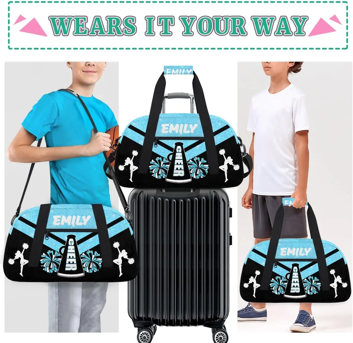 Personalize Cheer Duffel Bags with Custom Name & Text Sport Dance Gym Bags Garment Bags for Girls Kids Cheerleaders Overnight Weekender Travel Blue Glitter