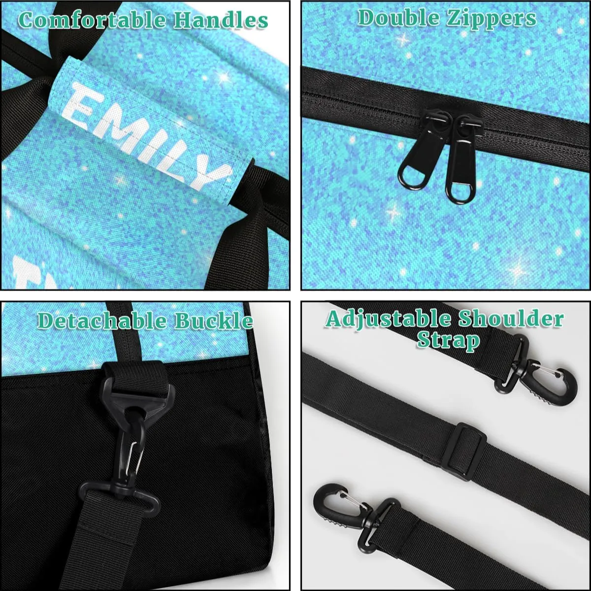 Personalize Cheer Duffel Bags with Custom Name & Text Sport Dance Gym Bags Garment Bags for Girls Kids Cheerleaders Overnight Weekender Travel Blue Glitter