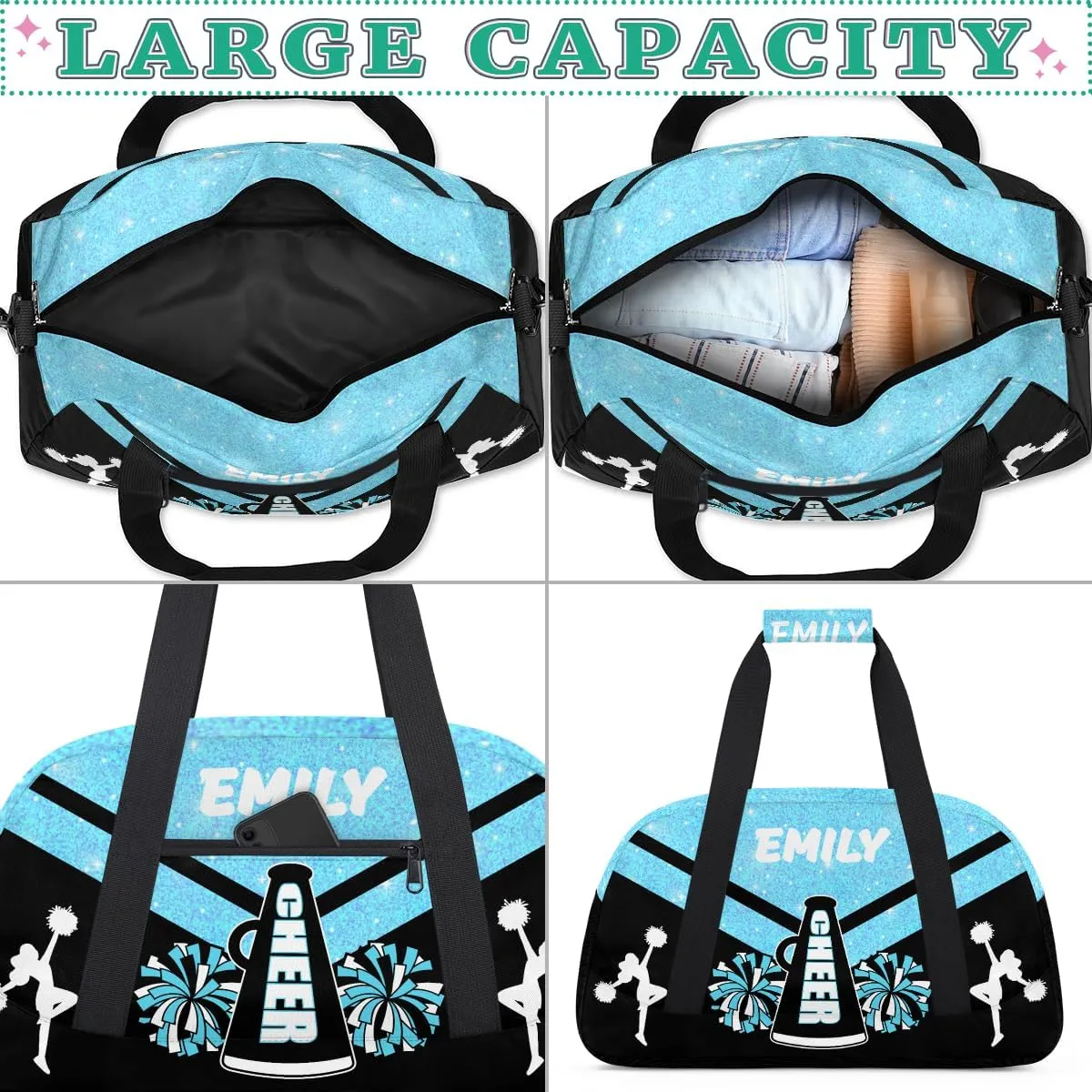 Personalize Cheer Duffel Bags with Custom Name & Text Sport Dance Gym Bags Garment Bags for Girls Kids Cheerleaders Overnight Weekender Travel Blue Glitter