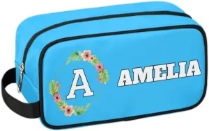 Personalized Floral Monogrammed Toiletry Bags for Women Custom Initial Letter Waterproof Cosmetic Makeup Bags Storage Bags with Handle for Bathroom Travel Work, Blue