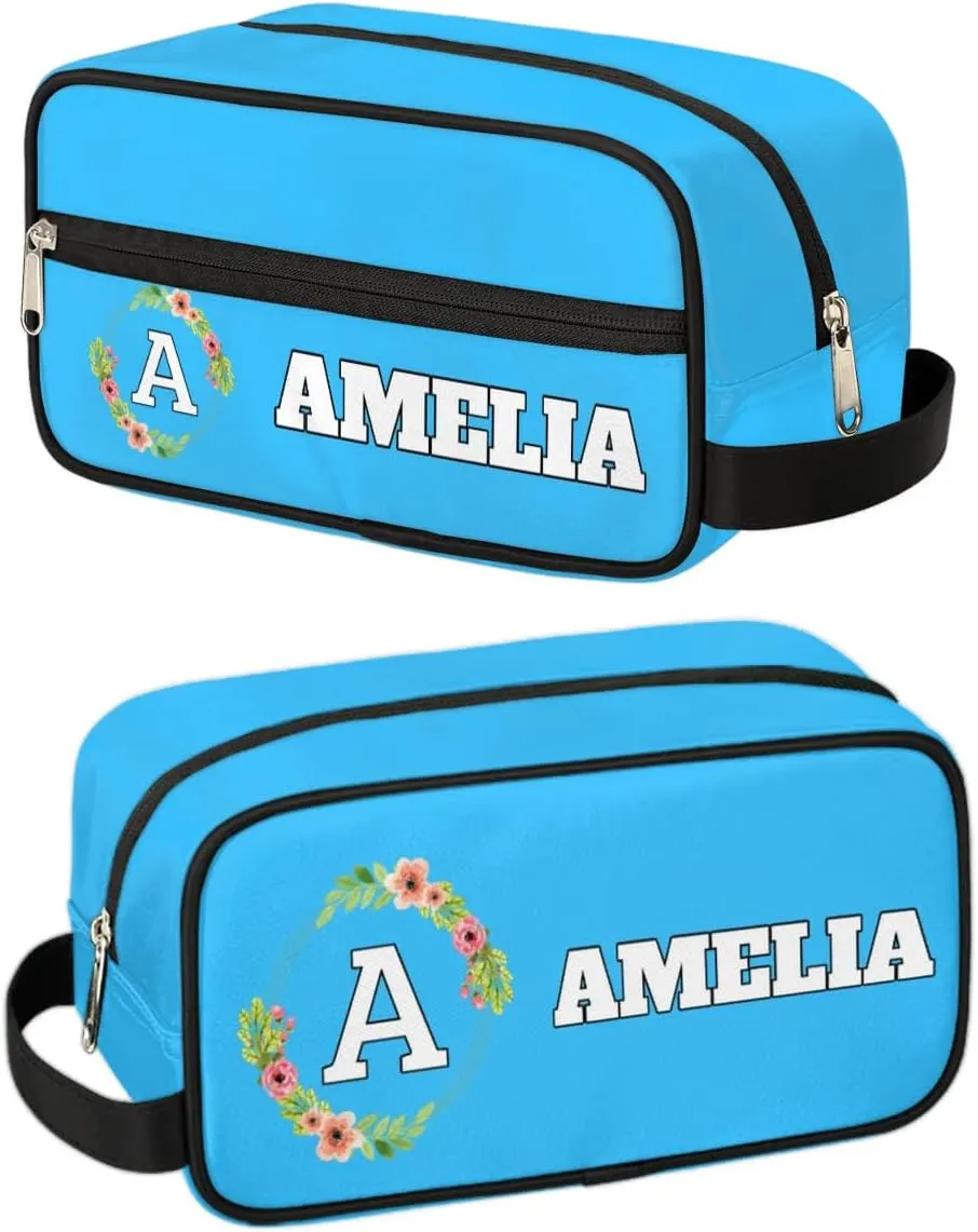 Personalized Floral Monogrammed Toiletry Bags for Women Custom Initial Letter Waterproof Cosmetic Makeup Bags Storage Bags with Handle for Bathroom Travel Work, Blue