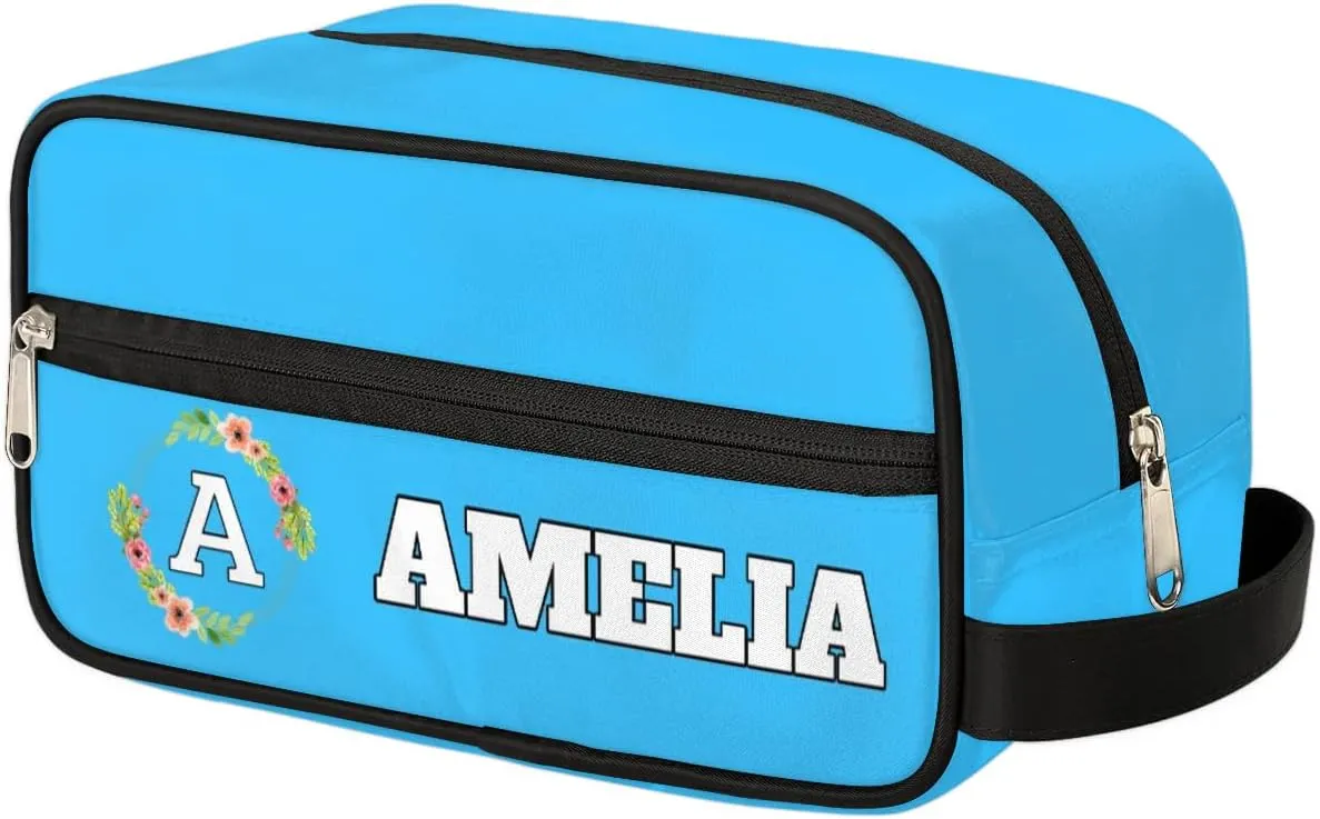 Personalized Floral Monogrammed Toiletry Bags for Women Custom Initial Letter Waterproof Cosmetic Makeup Bags Storage Bags with Handle for Bathroom Travel Work, Blue