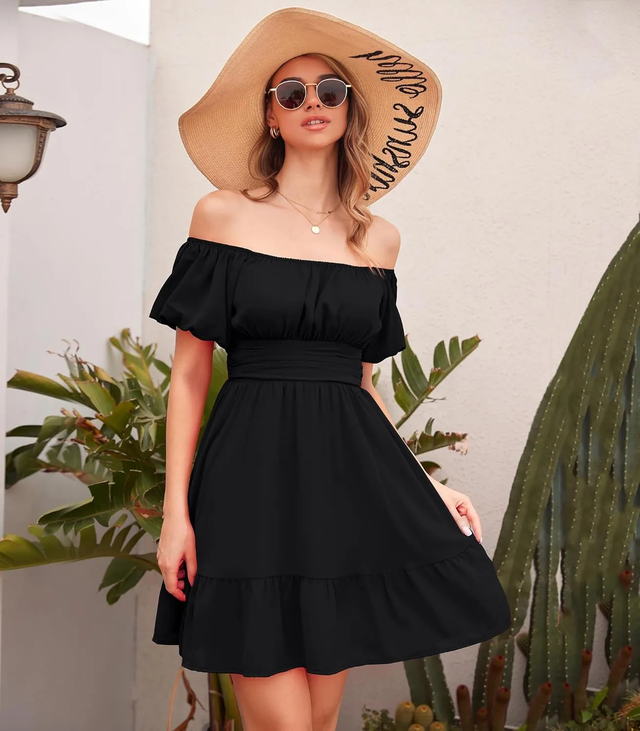 Phortric Womens Summer Tie Back Dress Square Neck Lantern Sleeve Off Shoulder A-Line Casual Mini Dresses