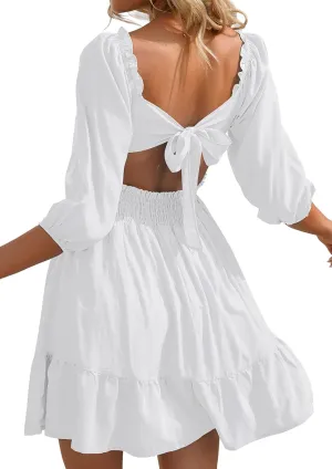 Phortric Womens Summer Tie Back Dress Square Neck Lantern Sleeve Off Shoulder A-Line Casual Mini Dresses
