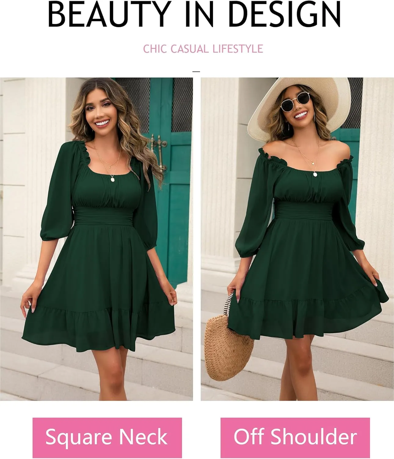 Phortric Womens Summer Tie Back Dress Square Neck Lantern Sleeve Off Shoulder A-Line Casual Mini Dresses