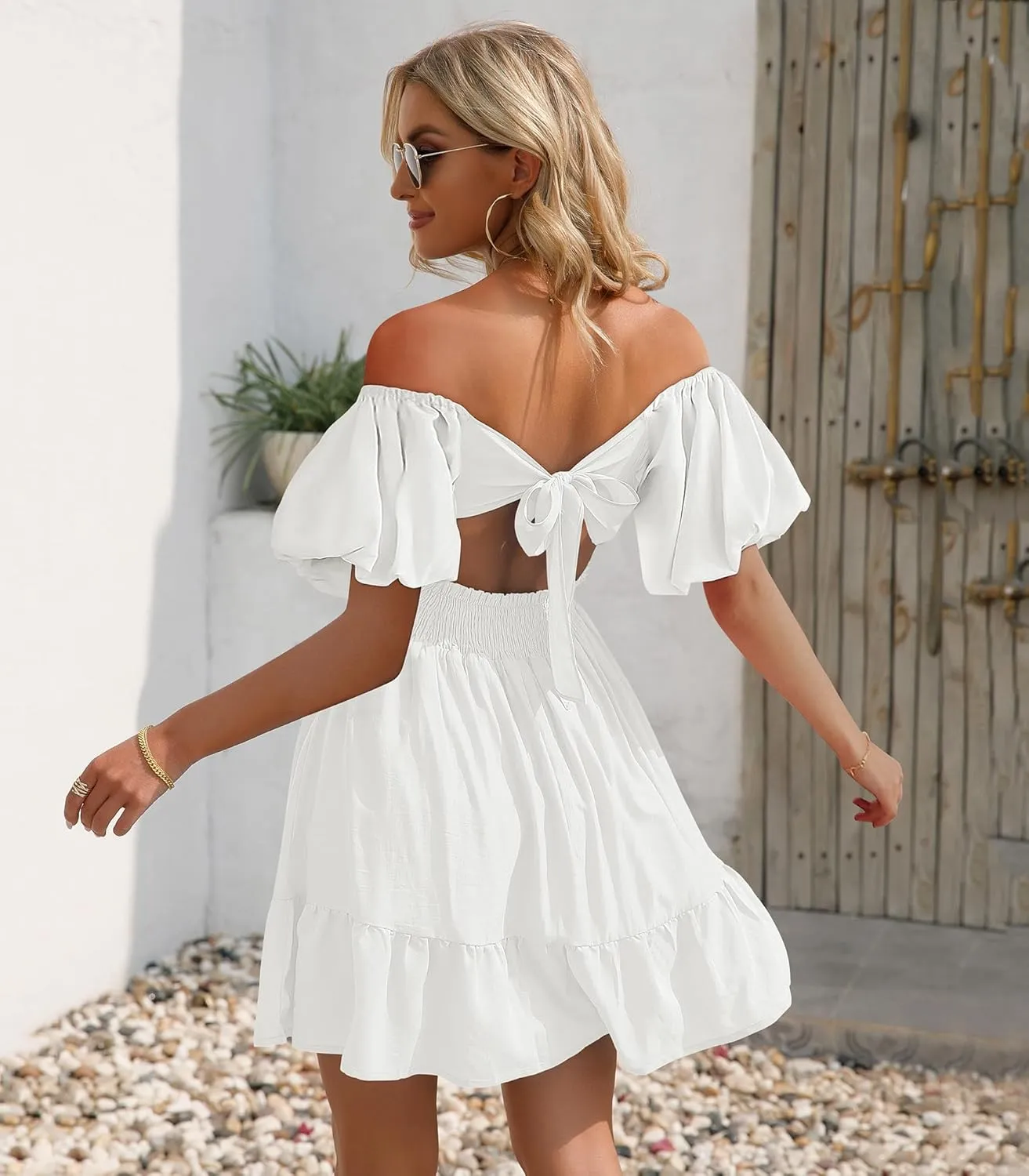 Phortric Womens Summer Tie Back Dress Square Neck Lantern Sleeve Off Shoulder A-Line Casual Mini Dresses
