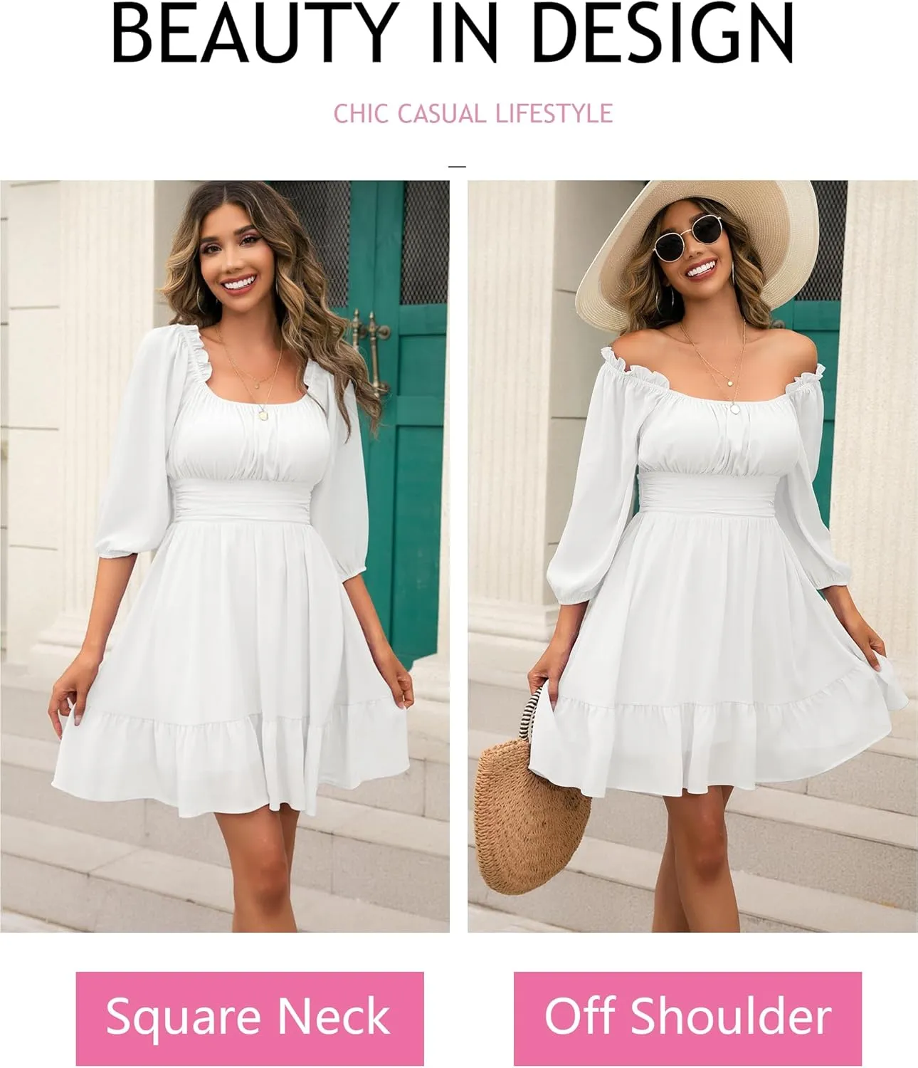 Phortric Womens Summer Tie Back Dress Square Neck Lantern Sleeve Off Shoulder A-Line Casual Mini Dresses