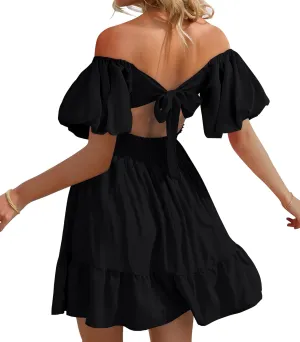 Phortric Womens Summer Tie Back Dress Square Neck Lantern Sleeve Off Shoulder A-Line Casual Mini Dresses