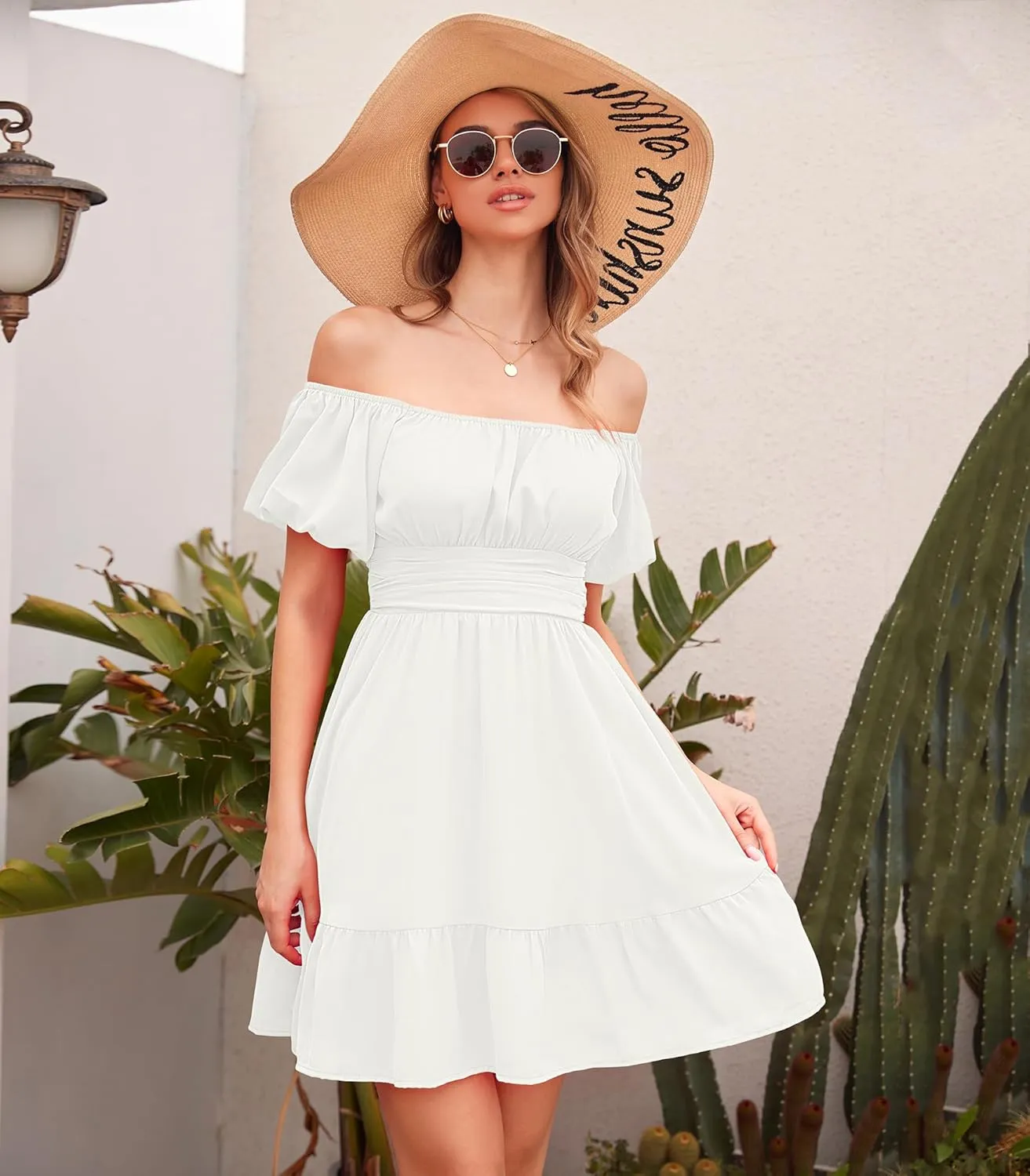 Phortric Womens Summer Tie Back Dress Square Neck Lantern Sleeve Off Shoulder A-Line Casual Mini Dresses