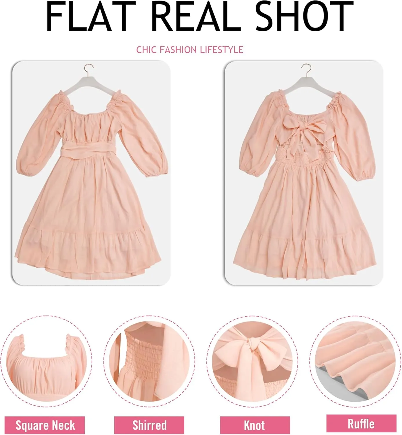 Phortric Womens Summer Tie Back Dress Square Neck Lantern Sleeve Off Shoulder A-Line Casual Mini Dresses