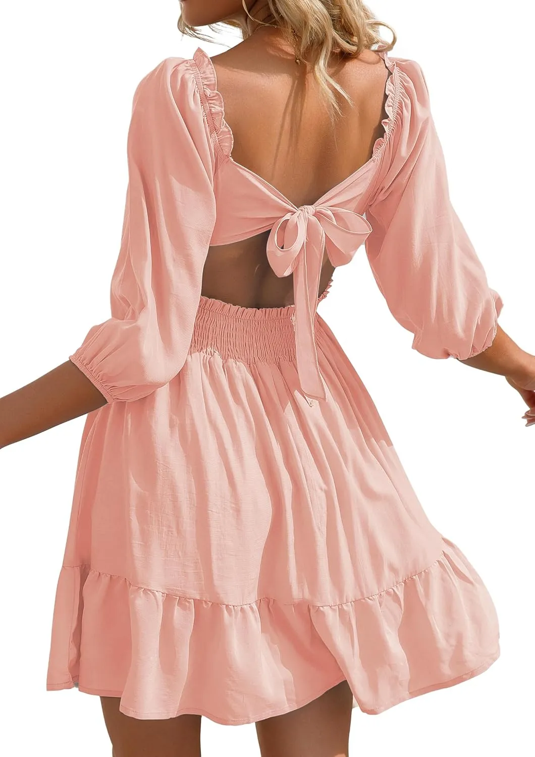 Phortric Womens Summer Tie Back Dress Square Neck Lantern Sleeve Off Shoulder A-Line Casual Mini Dresses