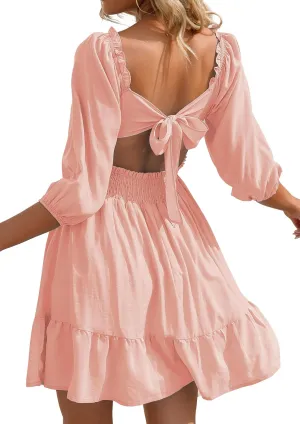 Phortric Womens Summer Tie Back Dress Square Neck Lantern Sleeve Off Shoulder A-Line Casual Mini Dresses