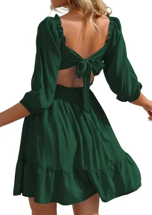 Phortric Womens Summer Tie Back Dress Square Neck Lantern Sleeve Off Shoulder A-Line Casual Mini Dresses