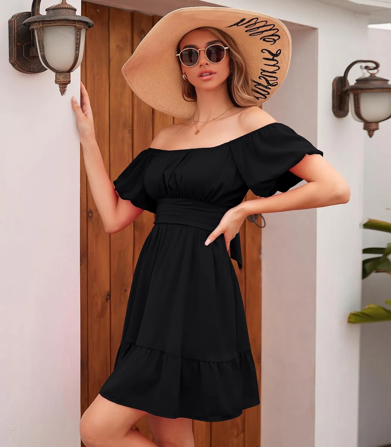 Phortric Womens Summer Tie Back Dress Square Neck Lantern Sleeve Off Shoulder A-Line Casual Mini Dresses