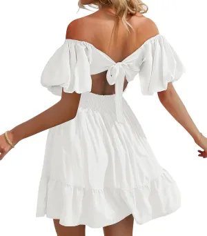 Phortric Womens Summer Tie Back Dress Square Neck Lantern Sleeve Off Shoulder A-Line Casual Mini Dresses